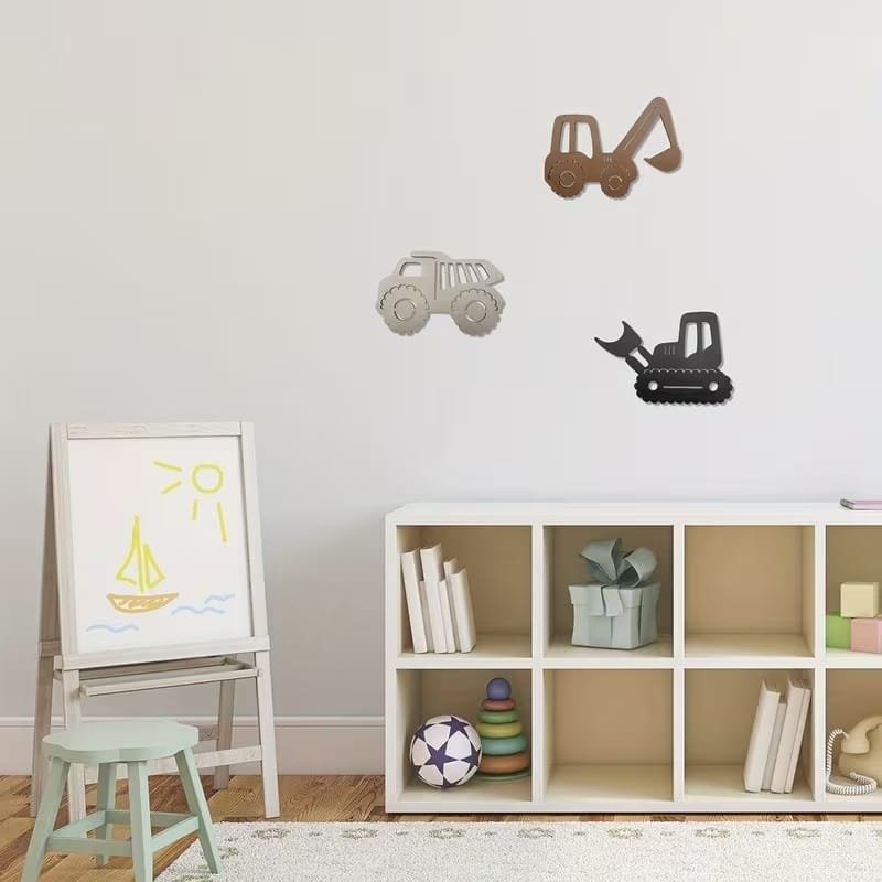 Laser Cut Boy-Themed Vehicle Wall Decorations Bulldozer Excavator Dump Truck