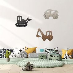 Laser Cut Boy-Themed Vehicle Wall Decorations Bulldozer Excavator Dump Truck