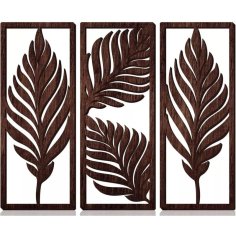 Laser Cut 3Pcs Wooden Wall Hanging Boho Rustic Rectangular Palm Leaf Pattern Wood Art