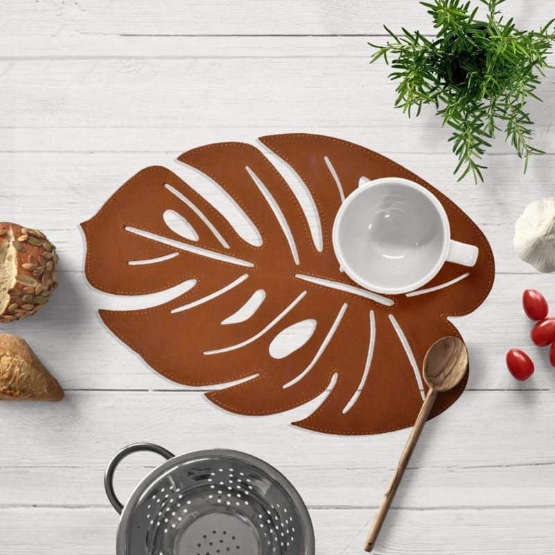 Laser Cut Faux Leather Monstera Leaf Shaped Placemats, Dining Table Mats Kitchen Decor