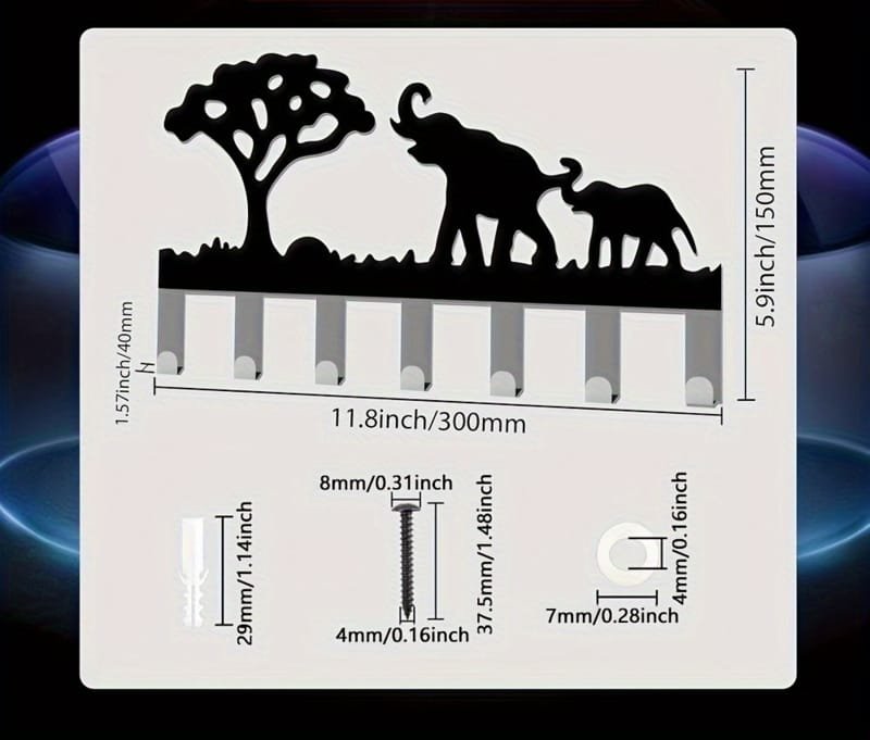 Laser Cut Decorative Elephant Metal Key Rack, Safari Key Holder Organizer for Entryway, Kitchen, Hallway