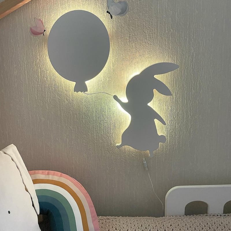 Laser Cut Wooden Bunny and Balloon Night Light, Rabbit Wall Lamp Nursery Decor
