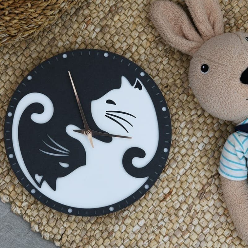 Laser Cut Yin Yang Cat Wall Clock