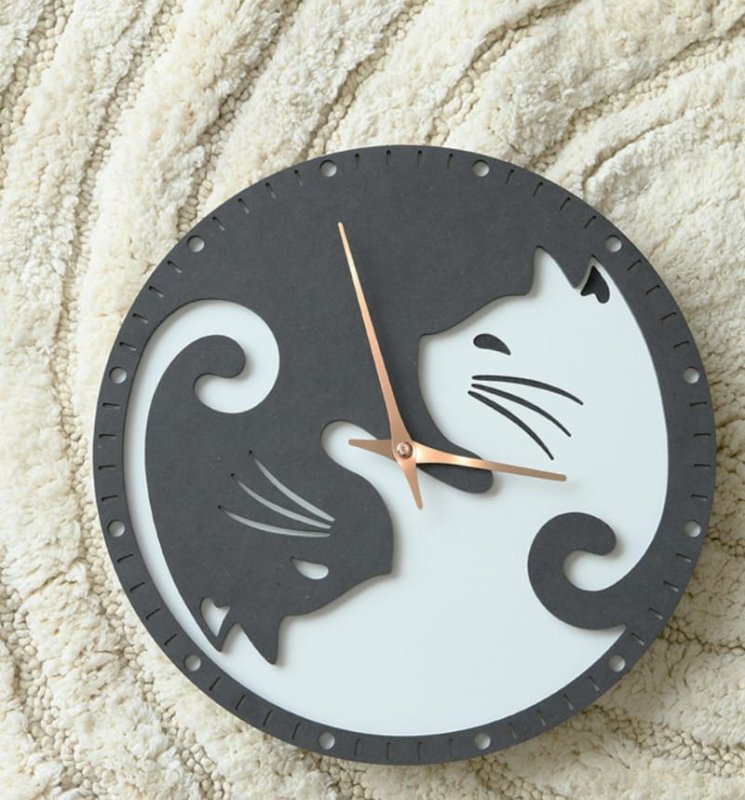 Laser Cut Yin Yang Cat Wall Clock