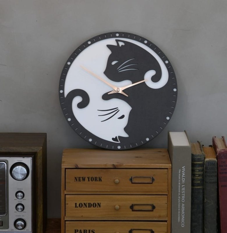 Laser Cut Yin Yang Cat Wall Clock