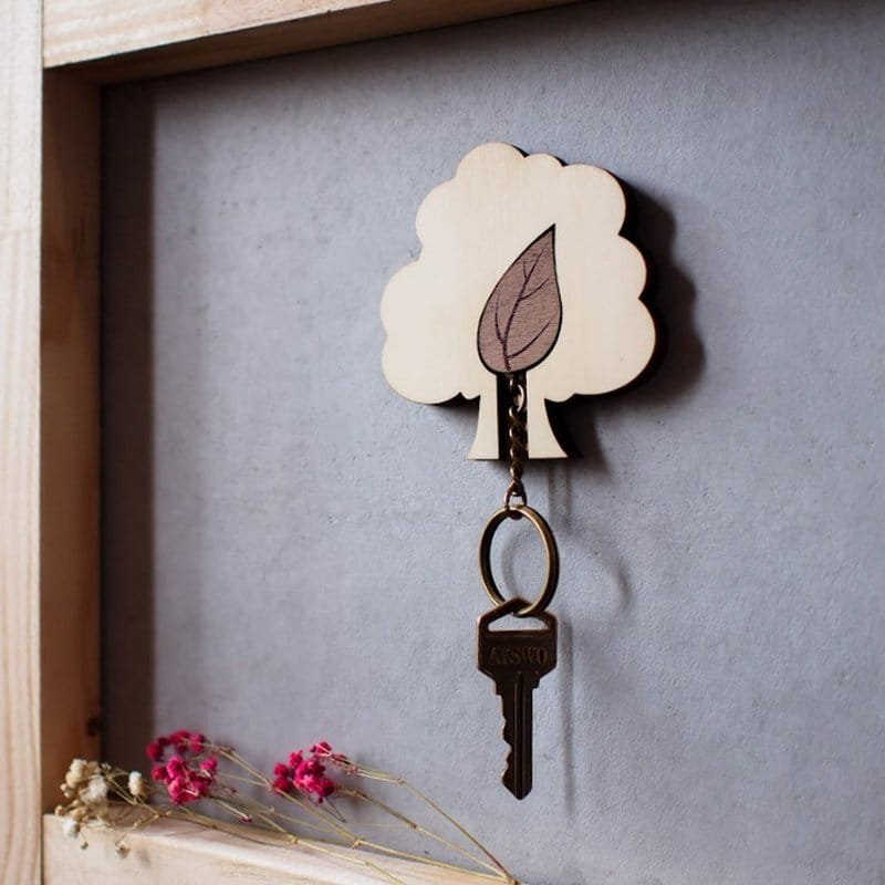 Laser Cut Wooden Leaf Keychain With Tree Shape Wall Key Holder
