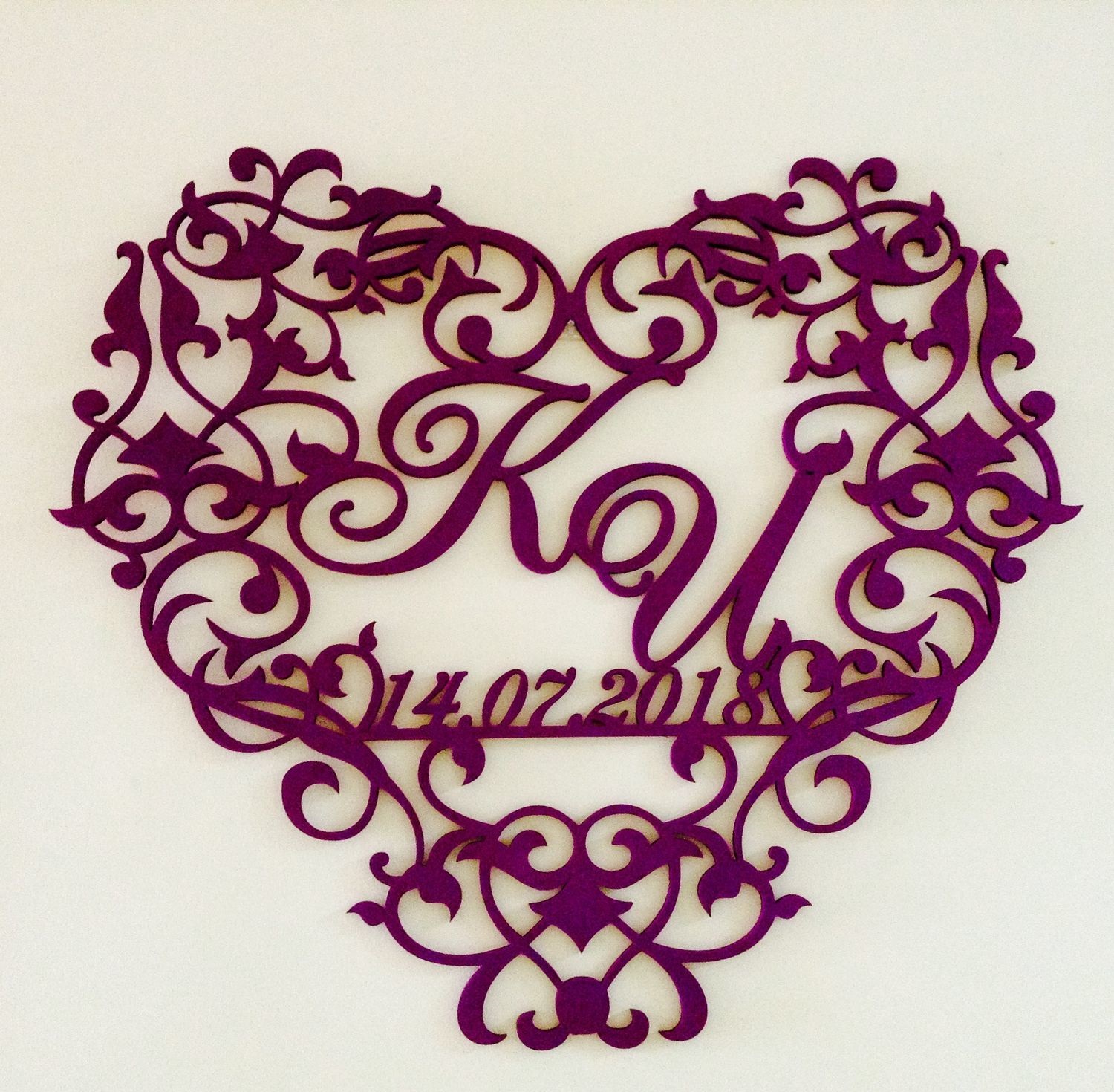 Lazer Kesim Dekoratif Kalp Düğün Monogram