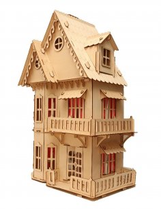 Casa de muñecas de madera cortada con láser de 3 mm