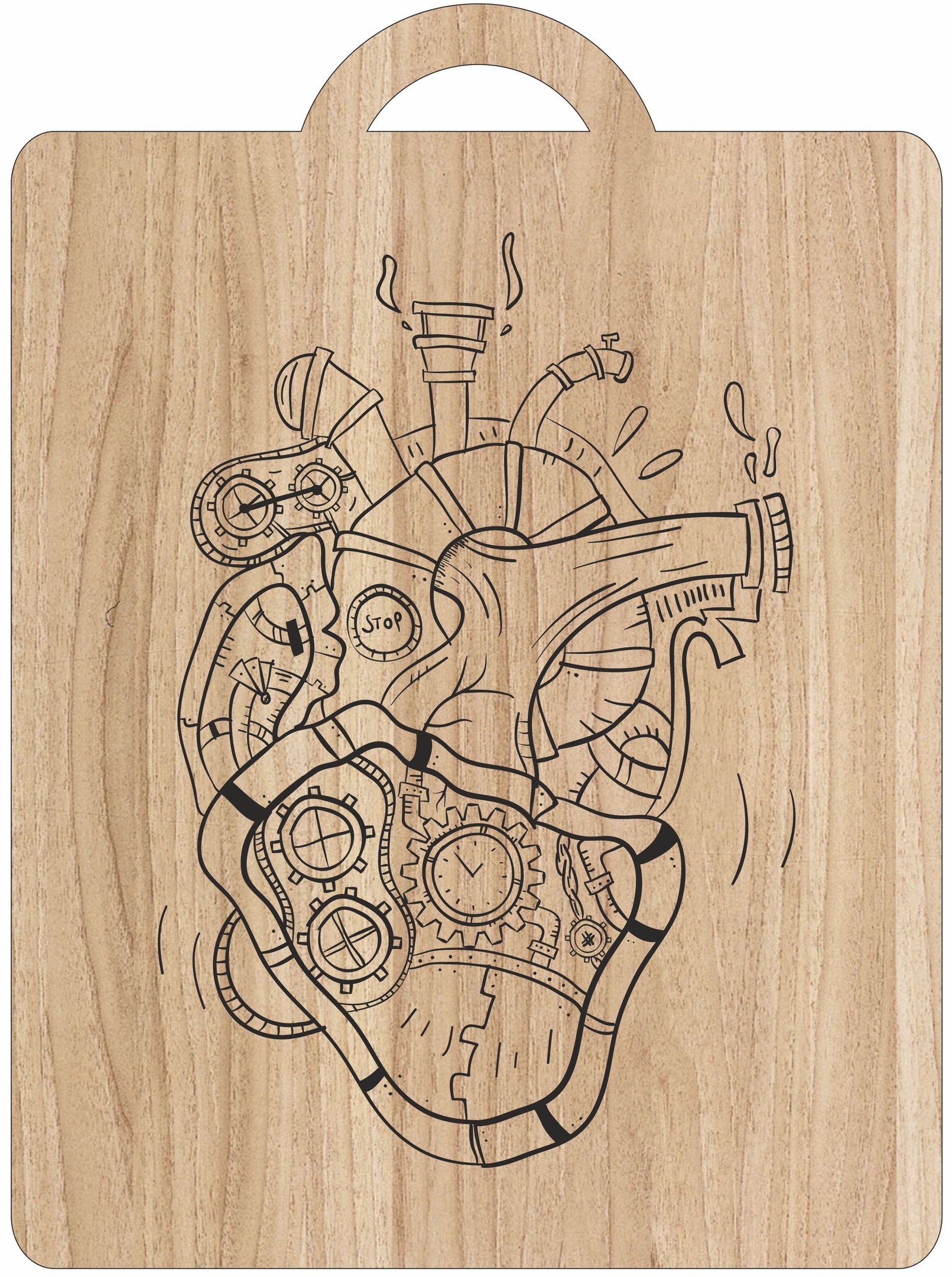 Arte mecânica do coração gravada a laser na tábua de corte