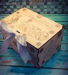 صندوق هدايا ندفة الثلج الخشبي للعام الجديد 2020 مع قالب نقش قطع بالليزر غطاء
