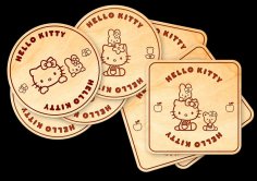 Laser Cut Hello Kitty Coasters with Holder Box Free Vector