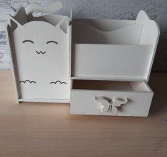 Organizador de escritorio con portalápices de gato cortado con láser con cajón