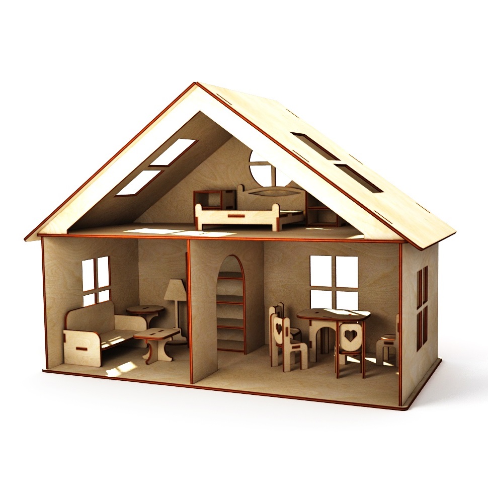 Lasergeschnittenes Cottage-Puppenhaus mit Möbel-Kinderspielzeug-Set