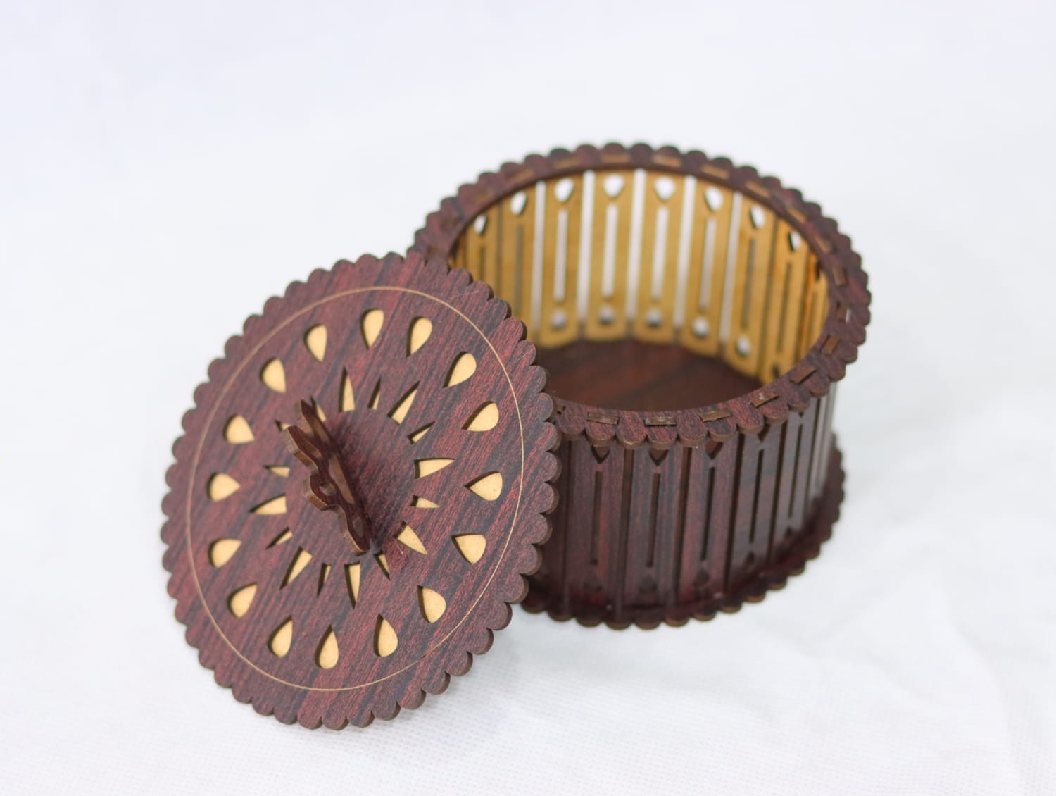 Laser Cut Wood Decorative Round Gift Box Free Vector