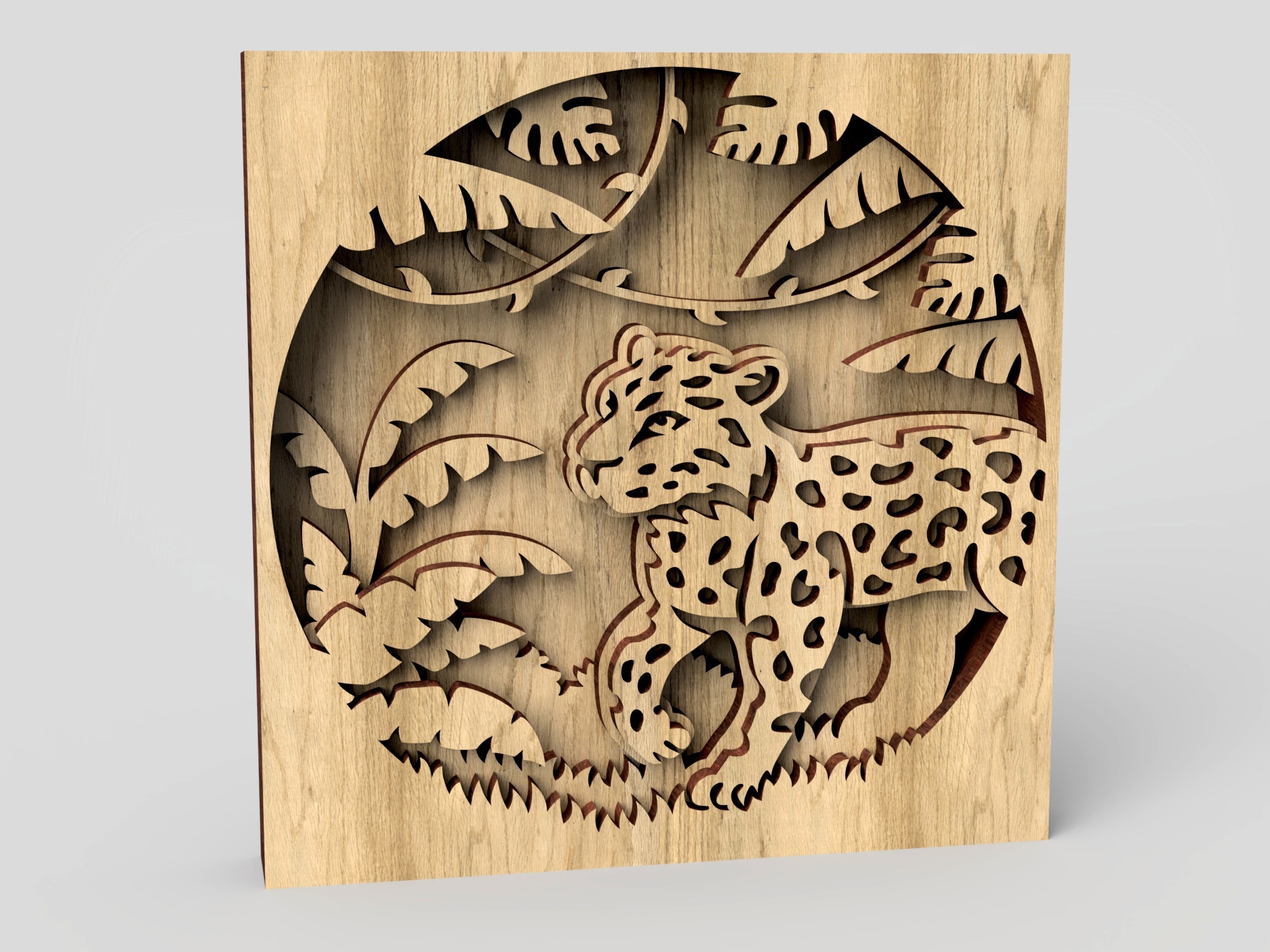 Arte de madera en capas con escena de la jungla cortada con láser