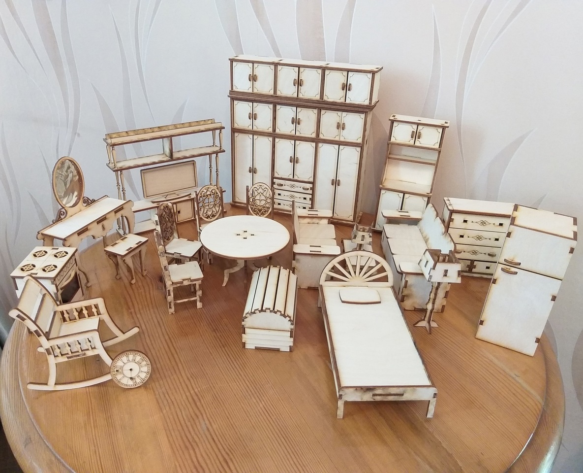 Juego de muebles de casa de muñecas en miniatura cortados con láser