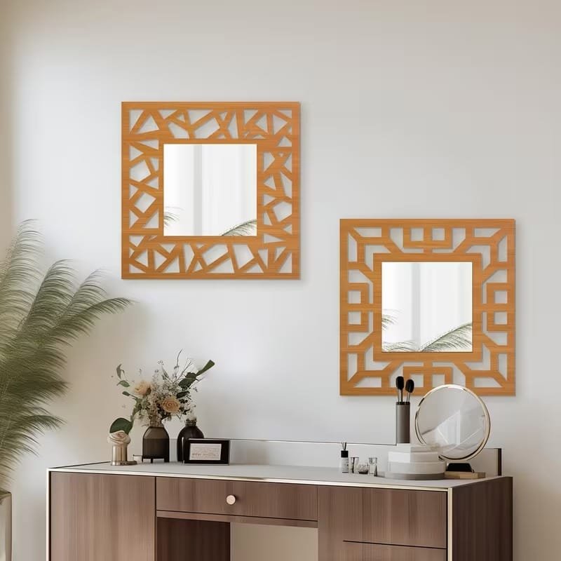 Laser Cut Vintage Square Hollow Pattern Wall Mirrors With Wooden Frames