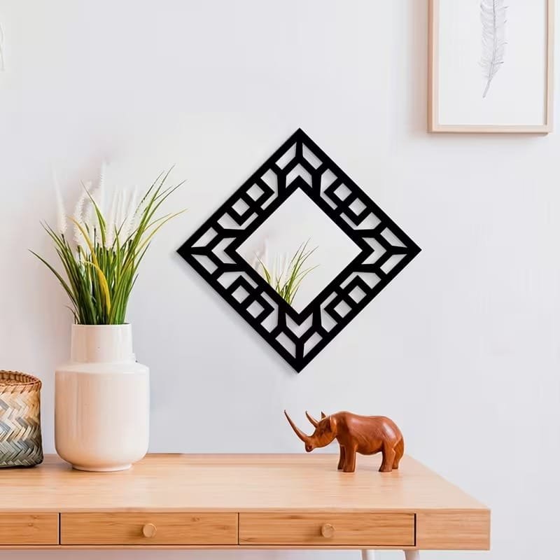 Laser Cut Vintage Square Hollow Pattern Wall Mirrors With Wooden Frames