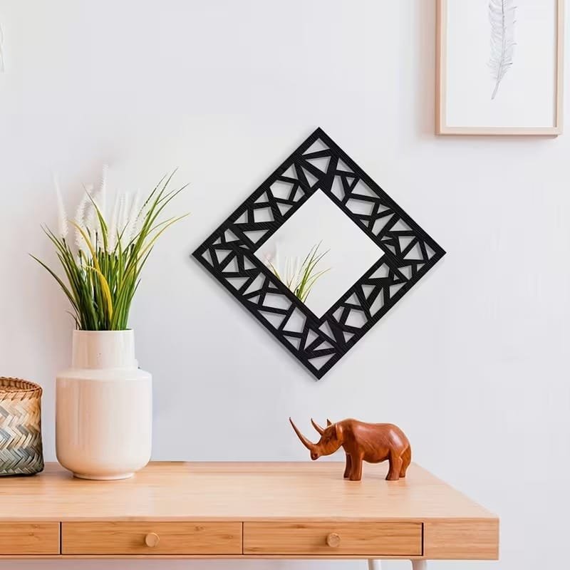 Laser Cut Vintage Square Hollow Pattern Wall Mirrors With Wooden Frames