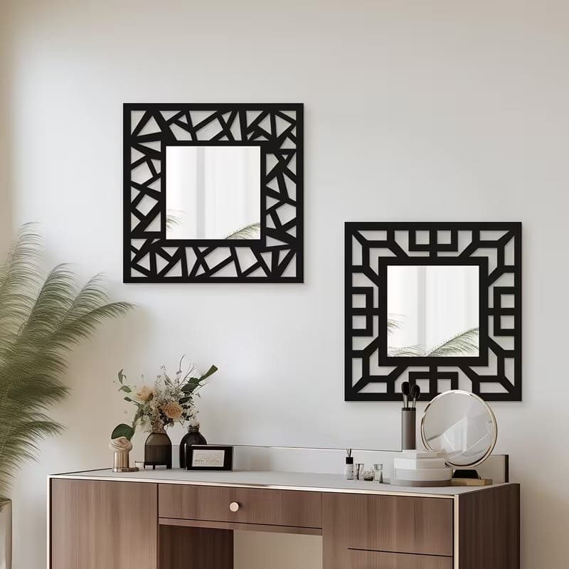 Laser Cut Vintage Square Hollow Pattern Wall Mirrors With Wooden Frames