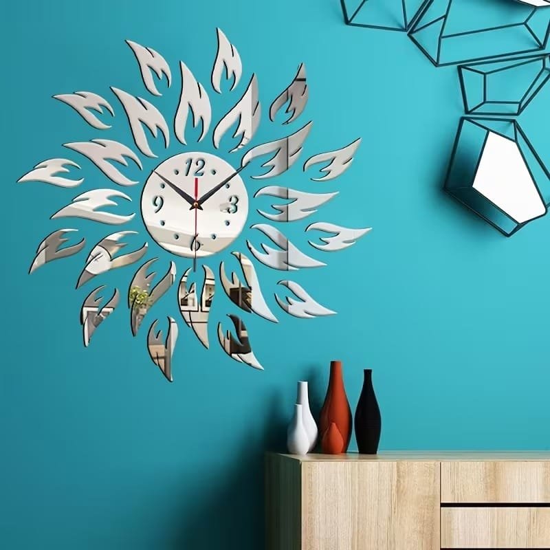 Laser Cut 3D Flame Shaped DIY Wall Clock Modern Creative Mirror Wall Clock