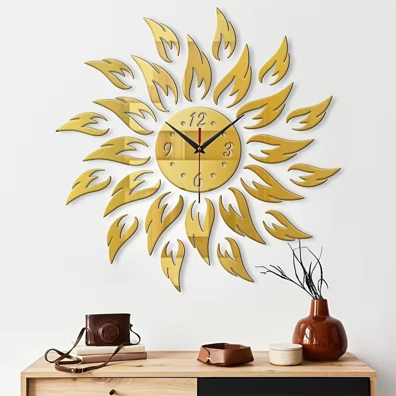 Laser Cut 3D Flame Shaped DIY Wall Clock Modern Creative Mirror Wall Clock