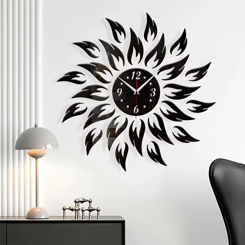 Laser Cut 3D Flame Shaped DIY Wall Clock Modern Creative Mirror Wall Clock