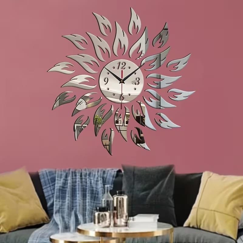Laser Cut 3D Flame Shaped DIY Wall Clock Modern Creative Mirror Wall Clock