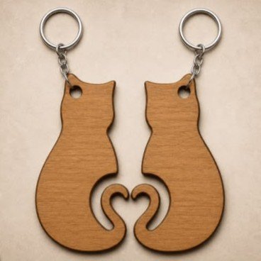 Laser Cut Cute Wooden Cat Couple Keychain