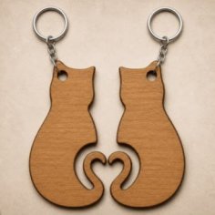 Laser Cut Cute Wooden Cat Couple Keychain
