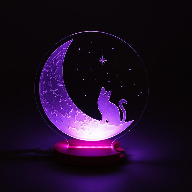 برش لیزری گربه و ماه نور شب توهم سه بعدی