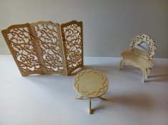 Lasergeschnittener Raumteiler aus Holz mit Möbeln, Couchtisch, Spiegeltisch
