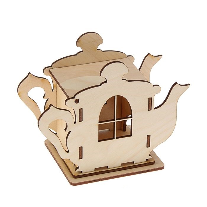 Dispensador de bolsitas de té con forma de tetera de madera cortada con láser