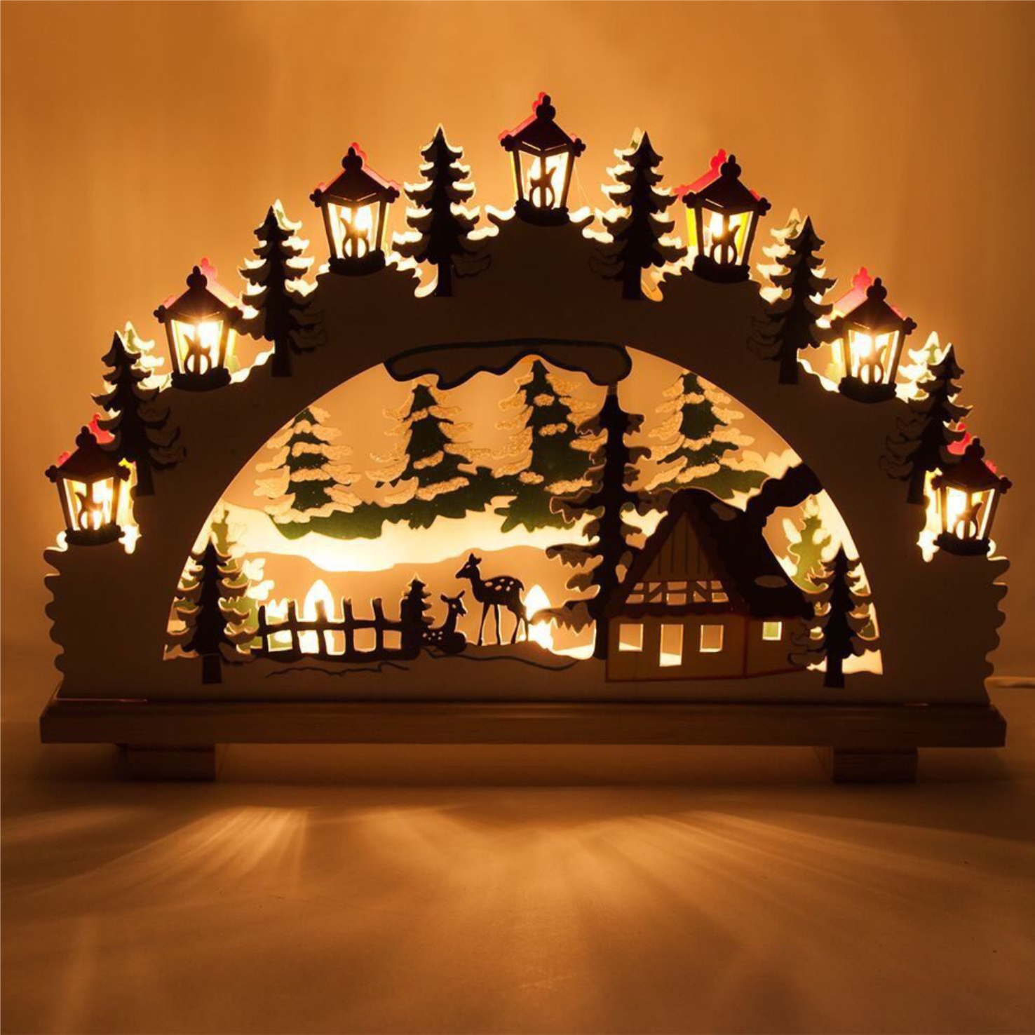 Lâmpada de enfeites de Natal com corte a laser para cena noturna luz de janela de madeira