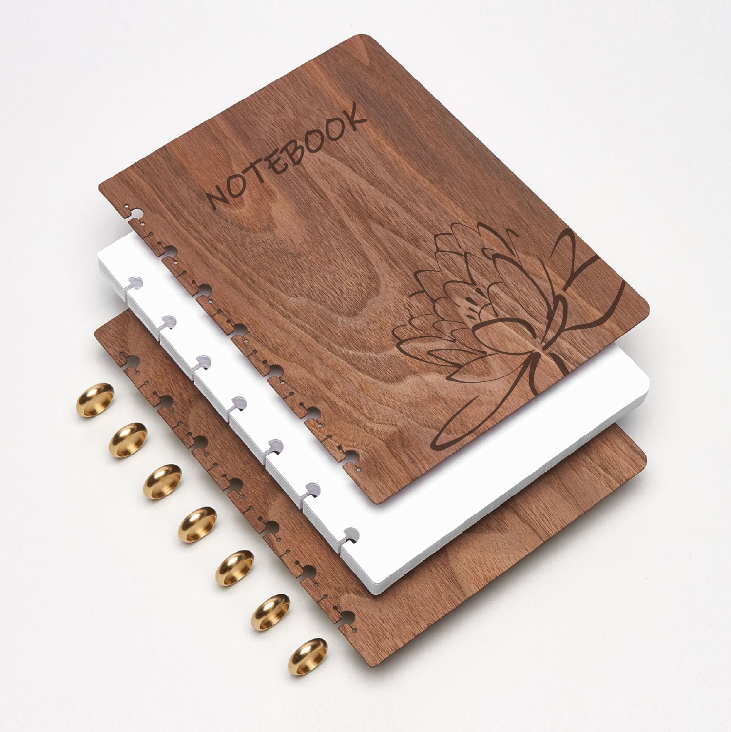 Cubierta de cuaderno de madera cortada con láser con grabado de flor de loto
