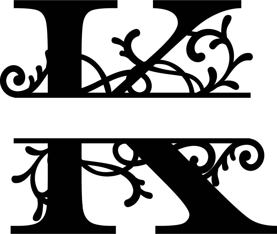 Lettera K con monogramma diviso fiorito