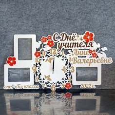 꽃 시계가있는 레이저 컷 포토 프레임