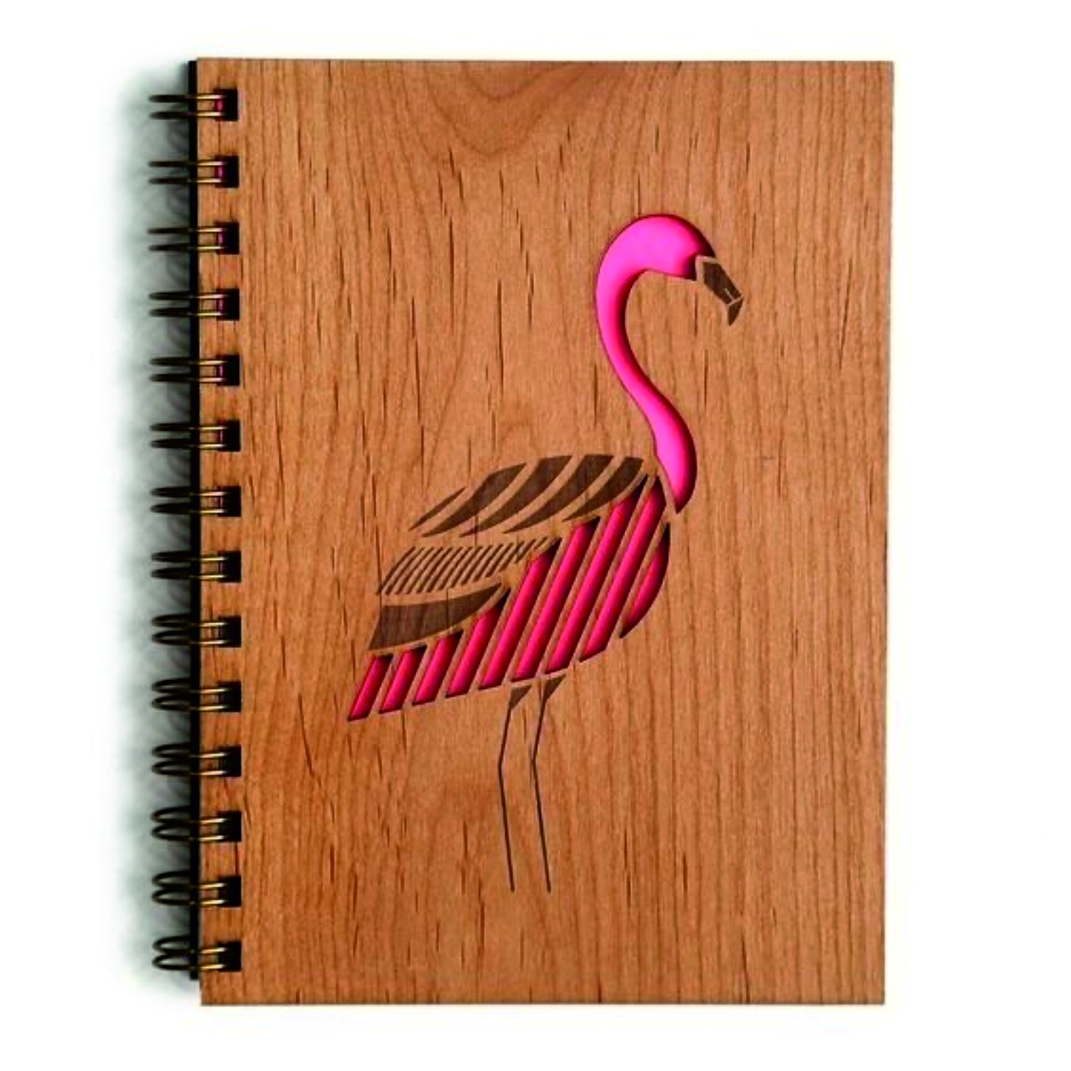 Capa de diário de madeira gravada com corte a laser com decoração de flamingo