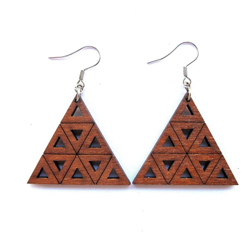 Laser Cut Wooden Earrings Sierpinski Triangle Fractal