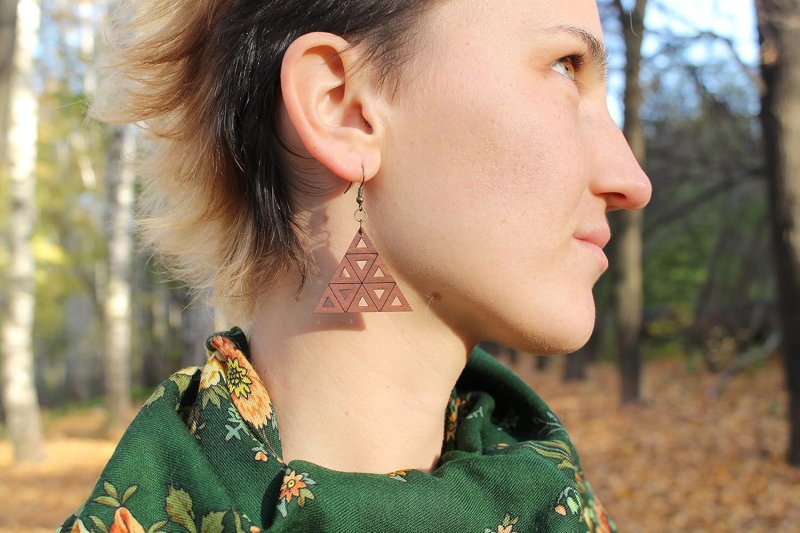 Laser Cut Wooden Earrings Sierpinski Triangle Fractal