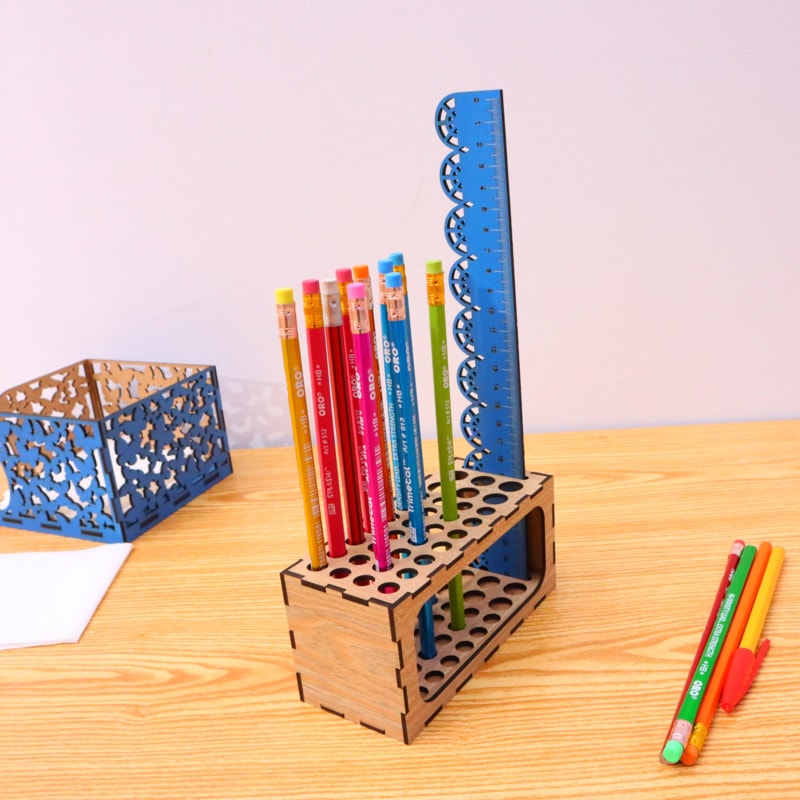 Laser Cut Pencil Holder With Scale Organizer 3mm Mdf DXF File
