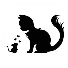 Sevimli duvar dövmesi fare ve kedi aşk silueti dxf Dosyası