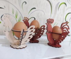 Soporte de madera para huevos de gallina y gallo de Pascua cortado con láser