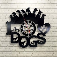 Laser Cut Dogs Wall Clock Gift For Dog Lover DXF File