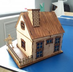 Wycinany laserowo drewniany model domu 3D