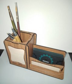 Pencil Holder with Clock for desk with business card holder Leather Pen 
