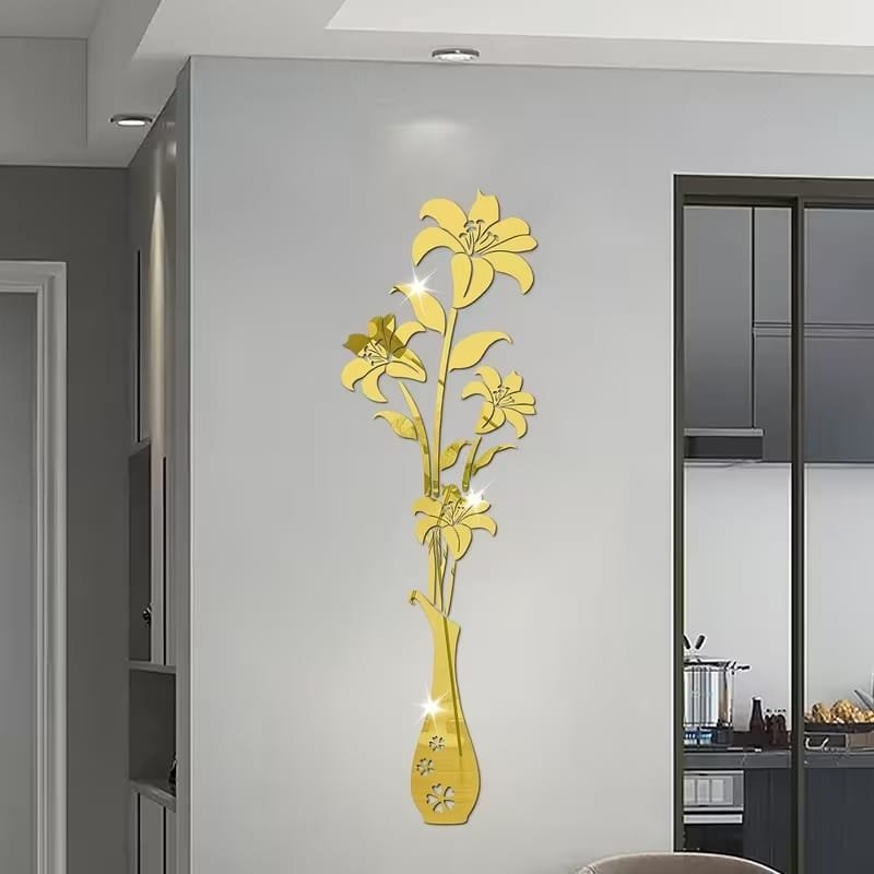 Laser Cut Acrylic Mirror Floral Wall Sticker Acrylic Vase And Lilies Living Room Wall Decor