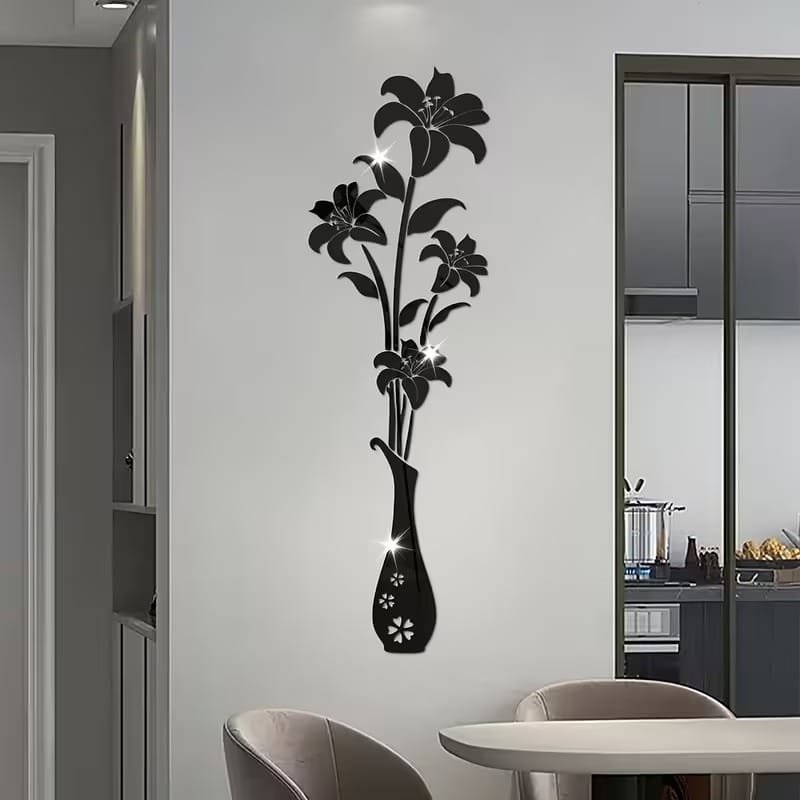 Laser Cut Acrylic Mirror Floral Wall Sticker Acrylic Vase And Lilies Living Room Wall Decor