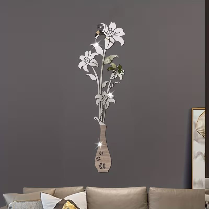 Laser Cut Acrylic Mirror Floral Wall Sticker Acrylic Vase And Lilies Living Room Wall Decor