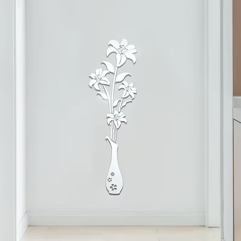 Laser Cut Acrylic Mirror Floral Wall Sticker Acrylic Vase And Lilies Living Room Wall Decor